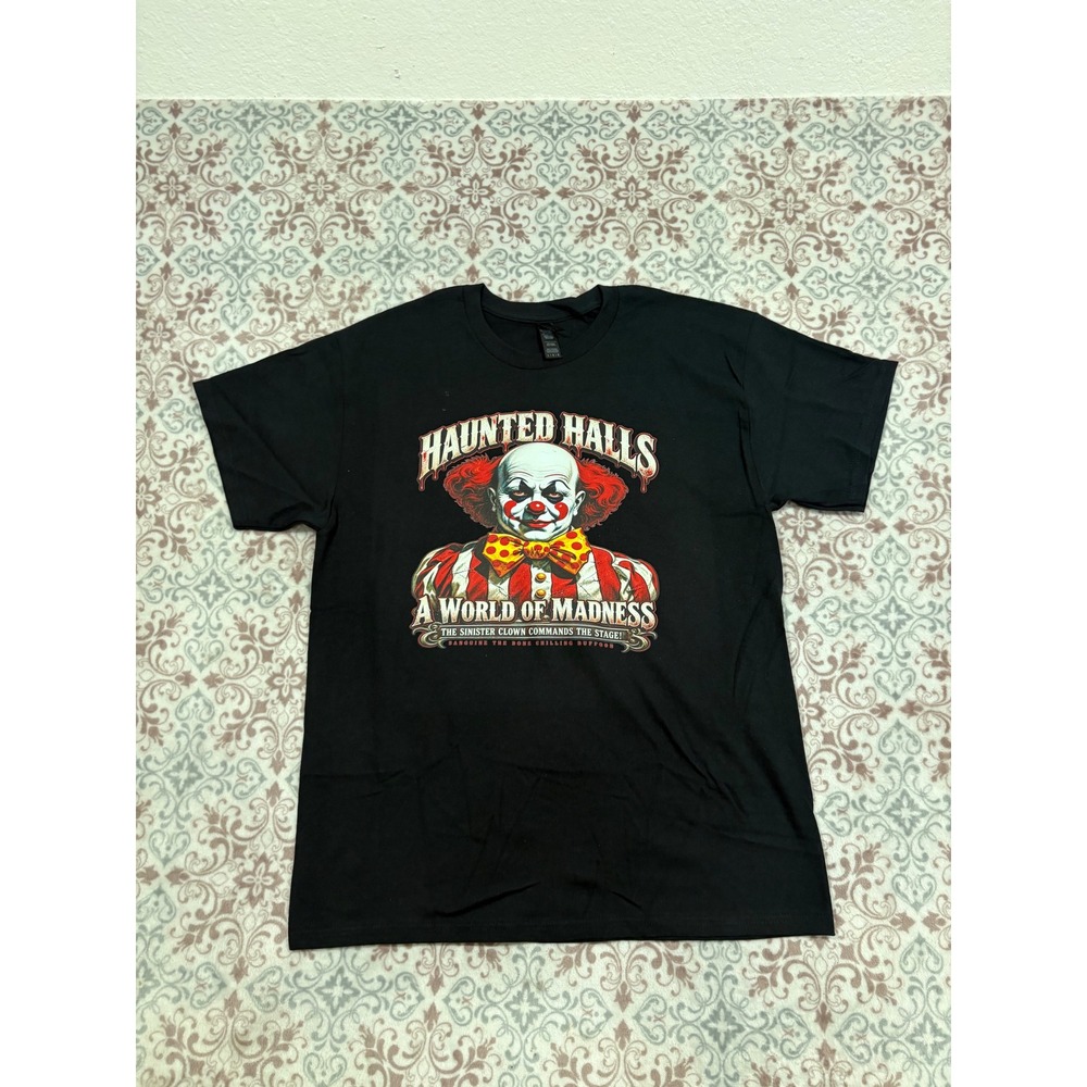 Gildan Haunted Halls World of Madness Sinister Clown Horror T-Shirt Mens L Black